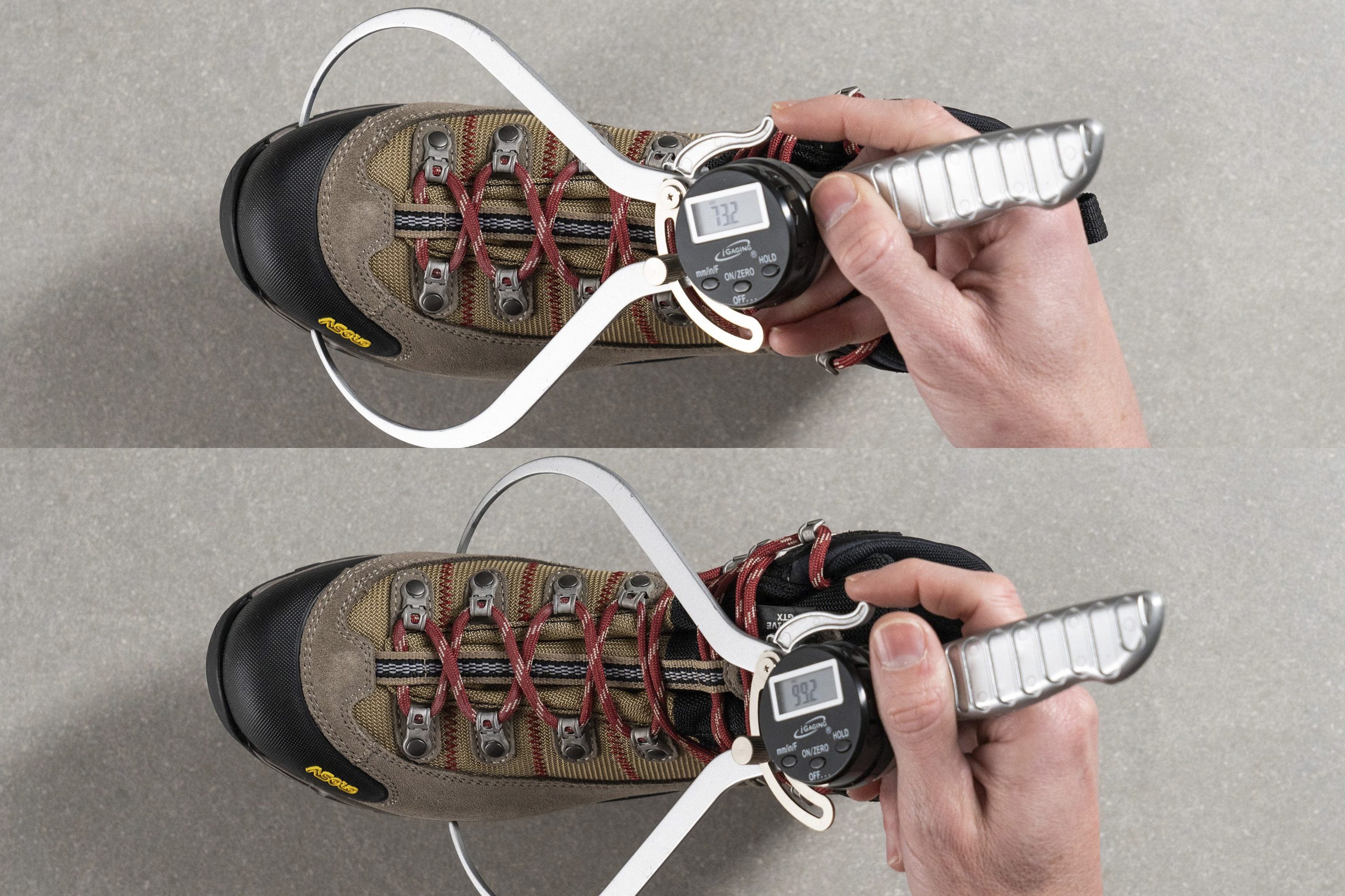 mediciones en laboratorio de la anchura de la puntera de botas de senderismo de invierno